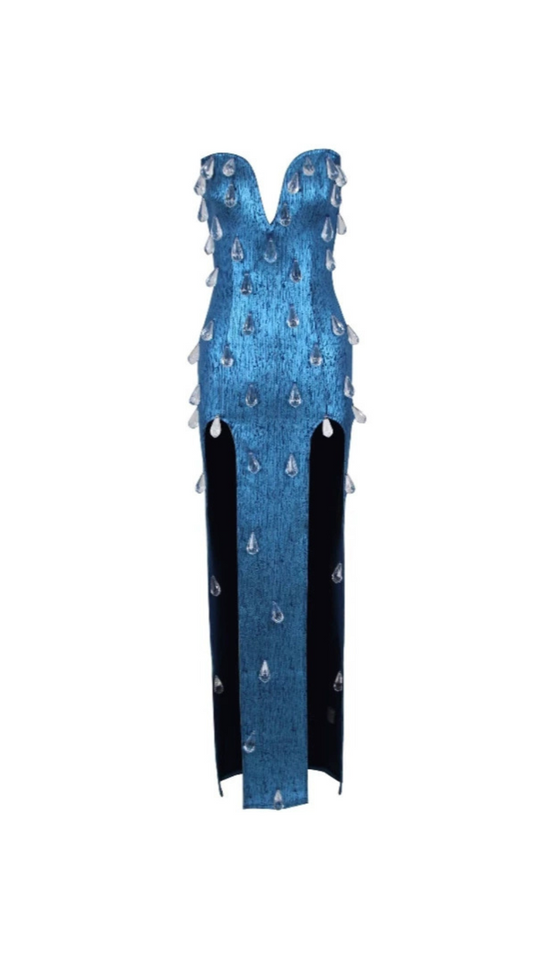 AIIZIE STRAPLESS CRYSTAL WOODGRAIN FOIL PRINT MAXI DRESS BLUE - product image