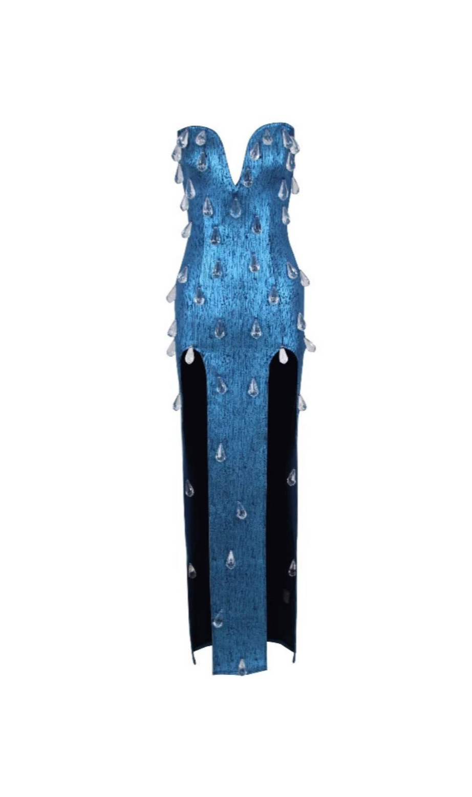 STRAPLESS CRYSTAL WOODGRAIN FOIL PRINT MAXI DRESS BLUE