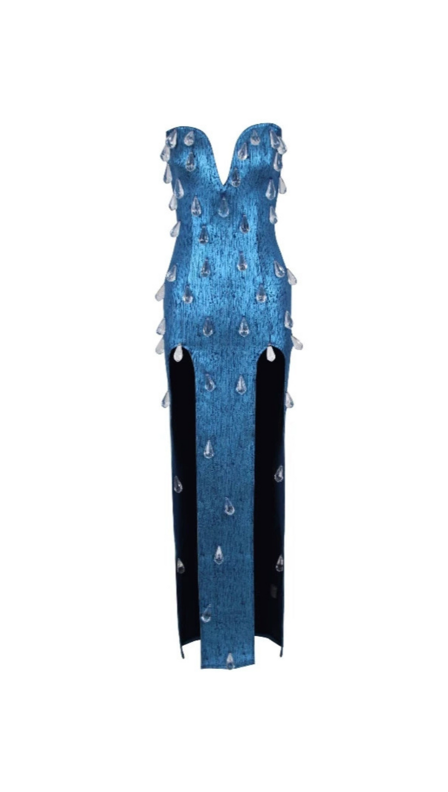 STRAPLESS CRYSTAL WOODGRAIN FOIL PRINT MAXI DRESS BLUE