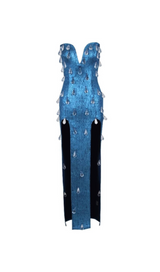 STRAPLESS CRYSTAL WOODGRAIN FOIL PRINT MAXI DRESS BLUE