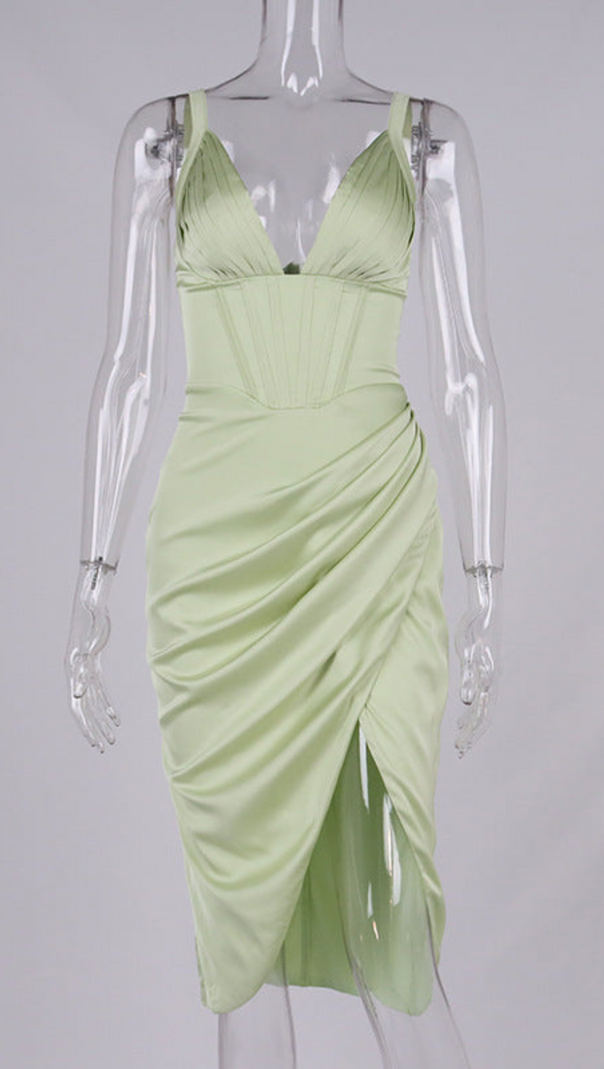AIIZIE SATIN CORSET MIDI DRESS IN GREEN - product image