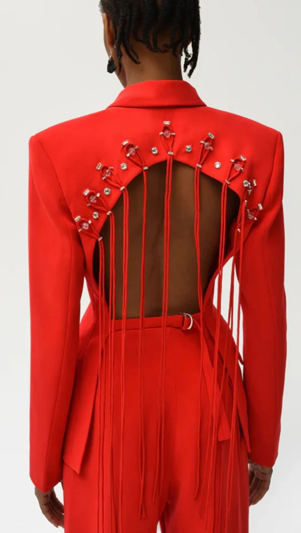 AIIZIE VIENNA CUTOUT FRINGE BACKLESS BLAZER IN RED - product image