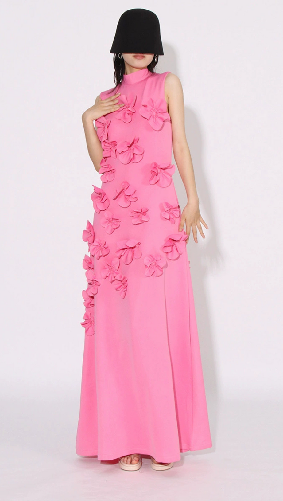 ANNONA PINK FLOWER EMBELLISHED MAXI DRESS