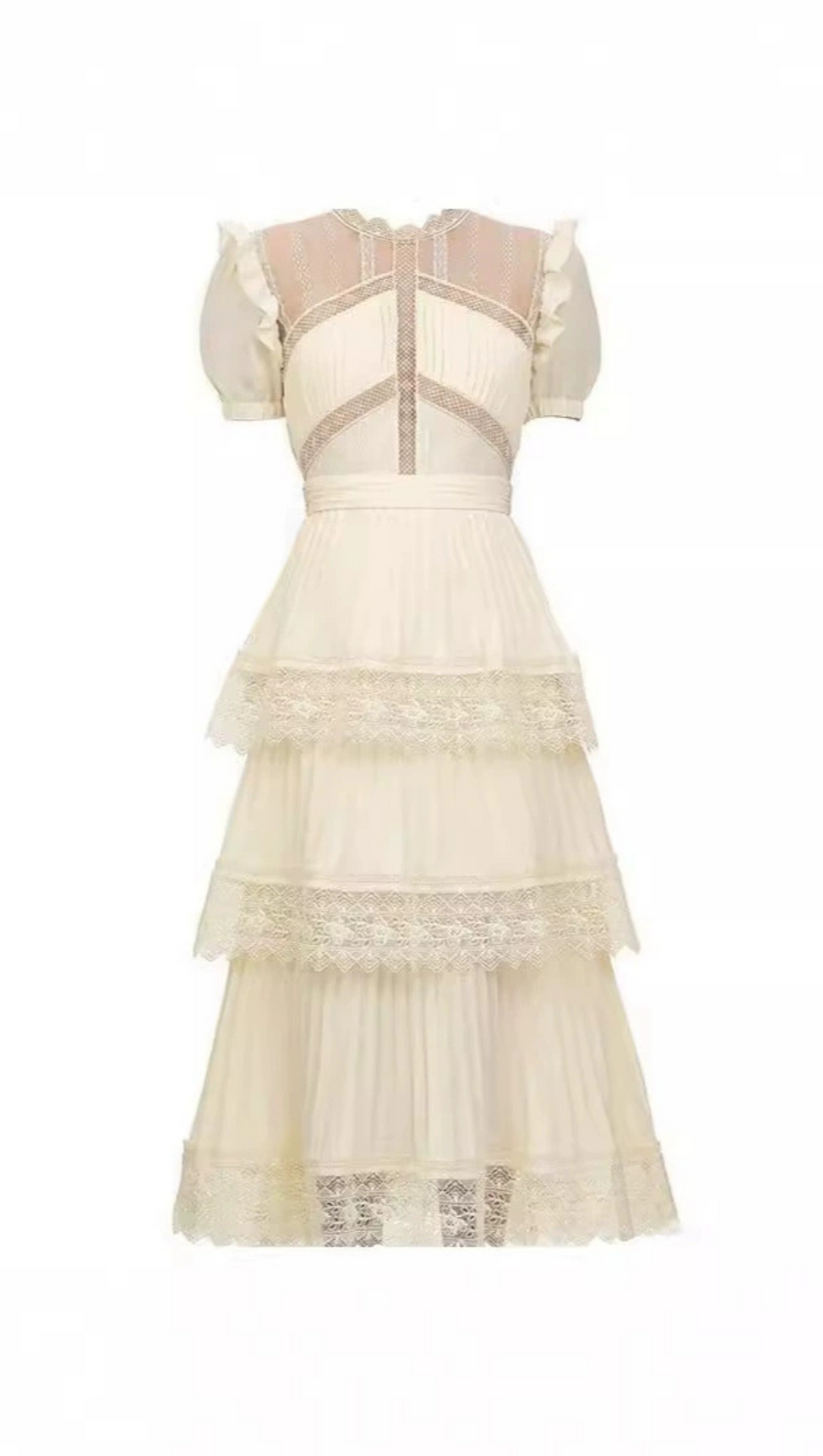 PLEATED LACE MIDI DRESS IN APRICOT