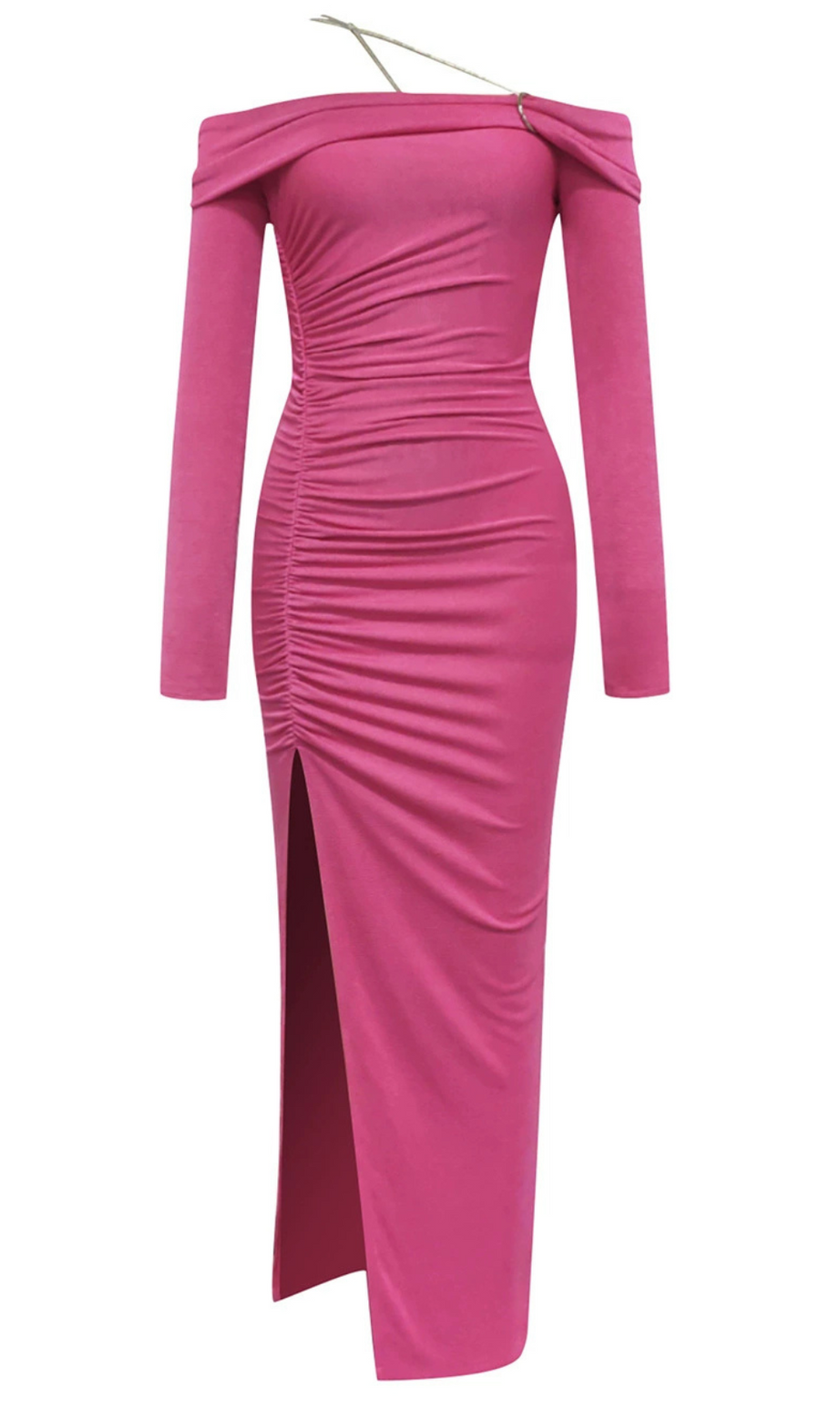 OFF SHOULDER RUCHED SPLIT THIGH DRESS IN PINK