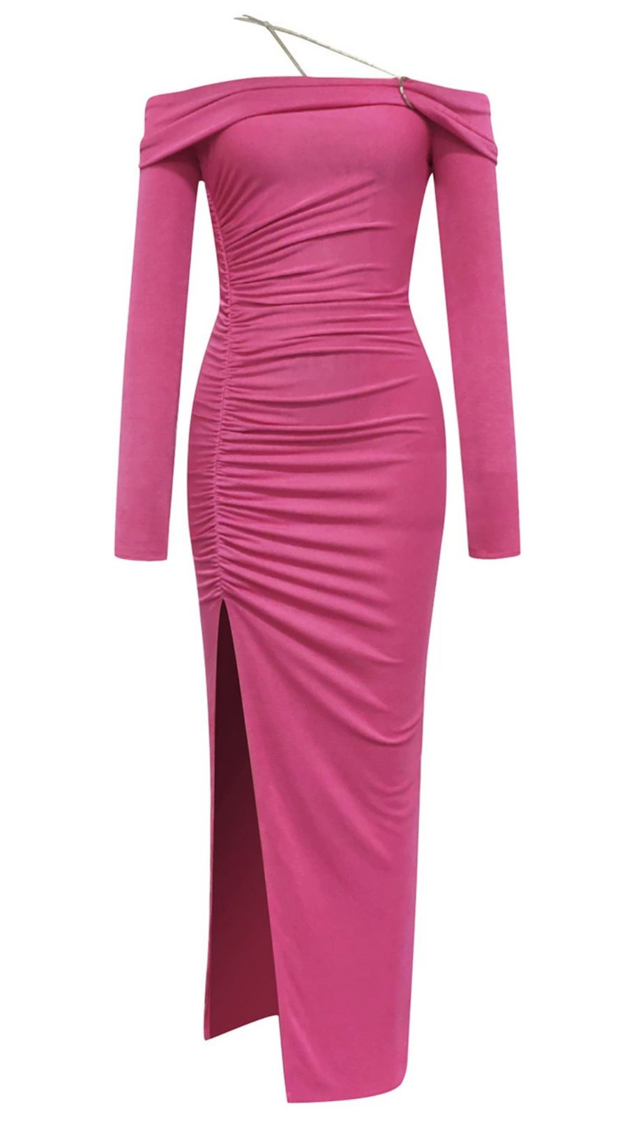 OFF SHOULDER RUCHED SPLIT THIGH DRESS IN PINK