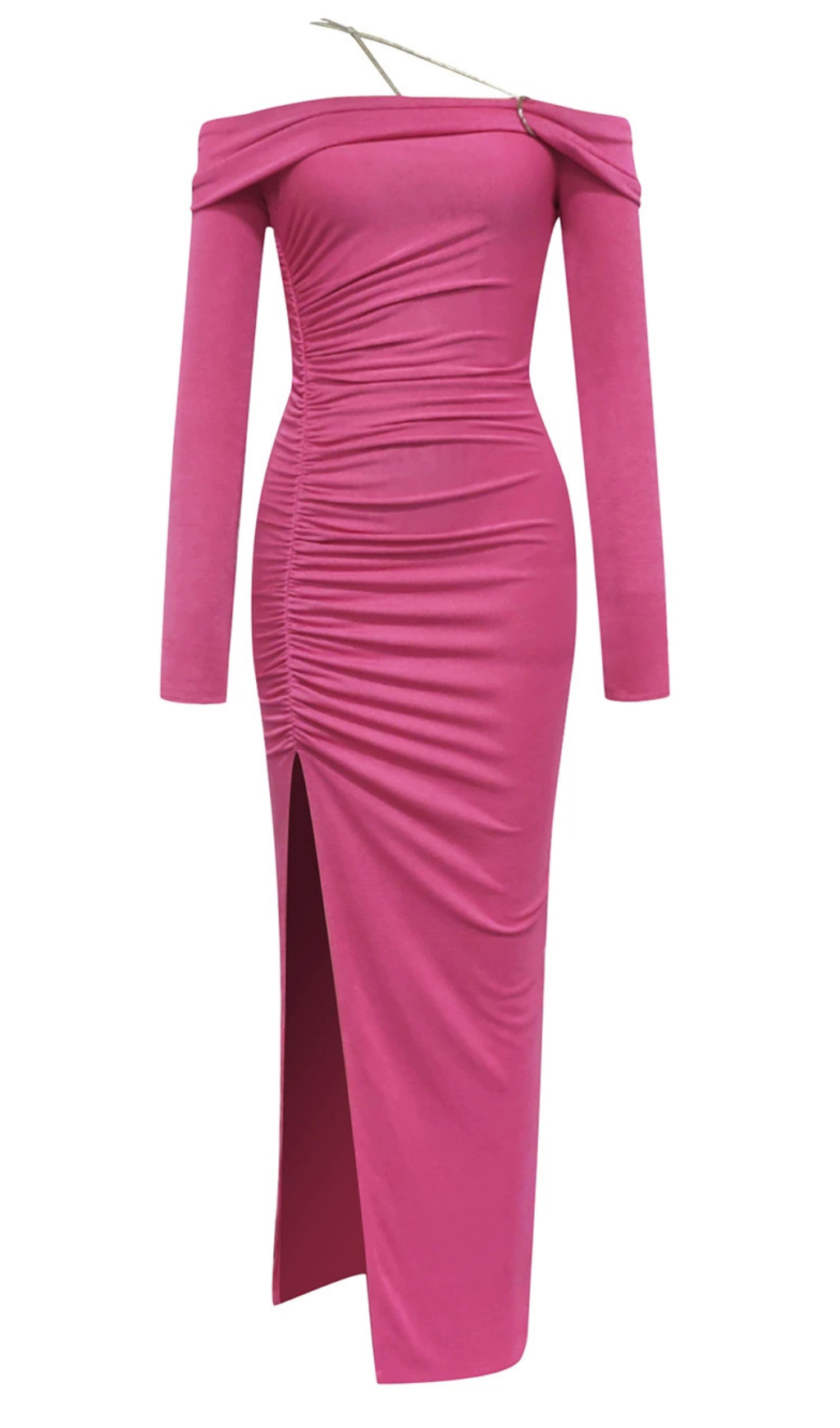 OFF SHOULDER RUCHED SPLIT THIGH DRESS IN PINK
