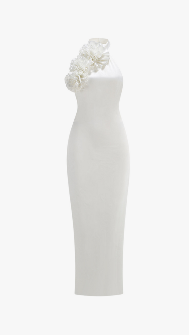 Sherry – Neckholder-Maxikleid mit Blumenapplikation in Weiß 