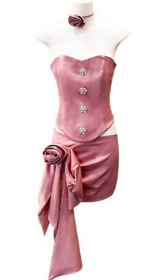 AIIZIE AMBERLY PINK SATIN FLOWER SKIRT SET - product image