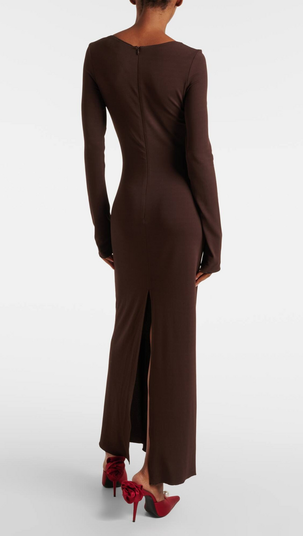 Jersey-Maxikleid mit Blumenapplikation in Braun