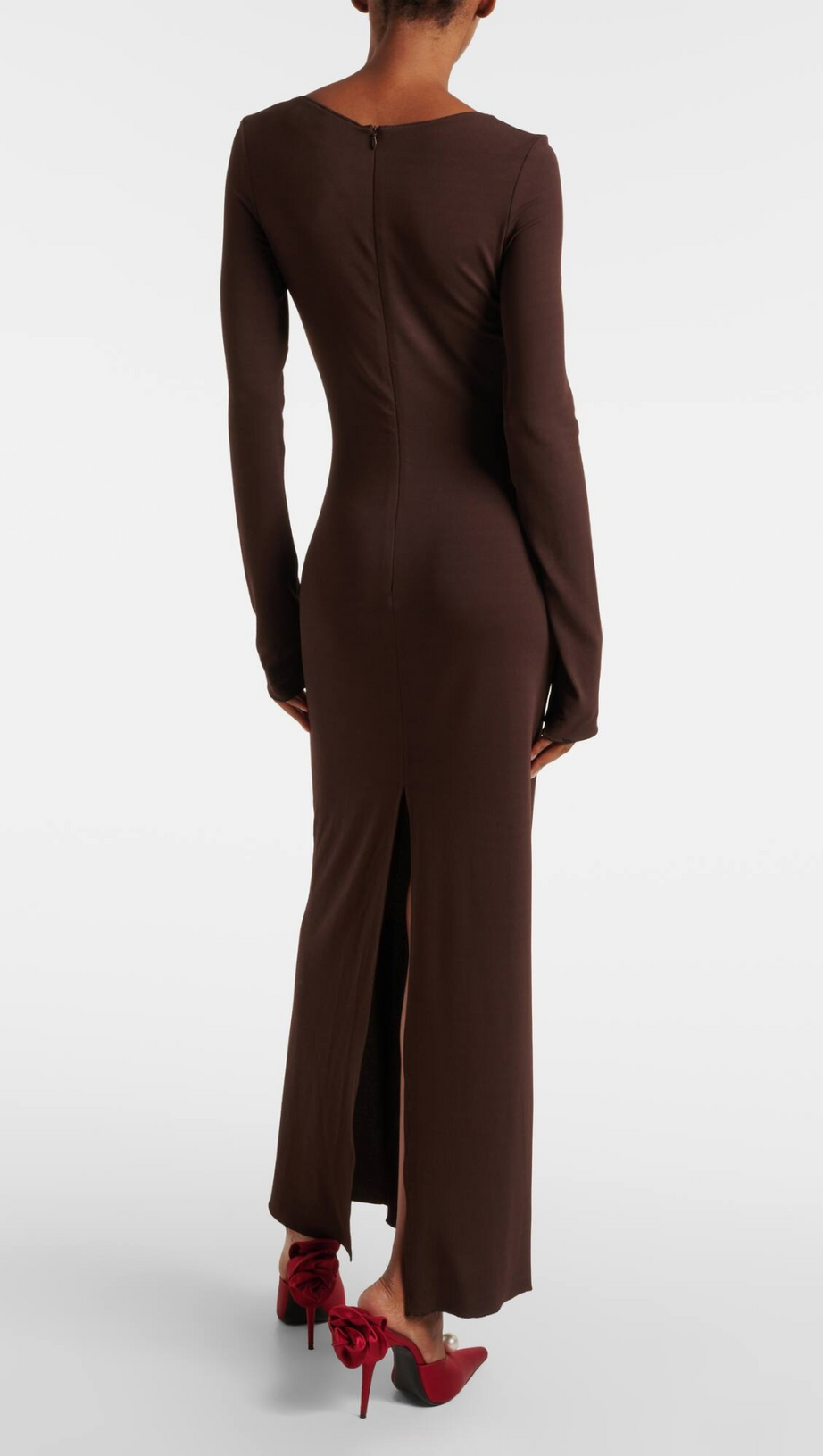 FLORAL-APPLIQUÉ JERSEY MAXI DRESS IN BROWN
