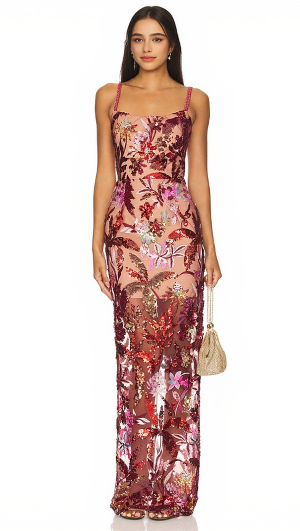 AIIZIE CHACHI RED STRAPLESS FLOWER EMBROIDERY MAXI DRESS - product image
