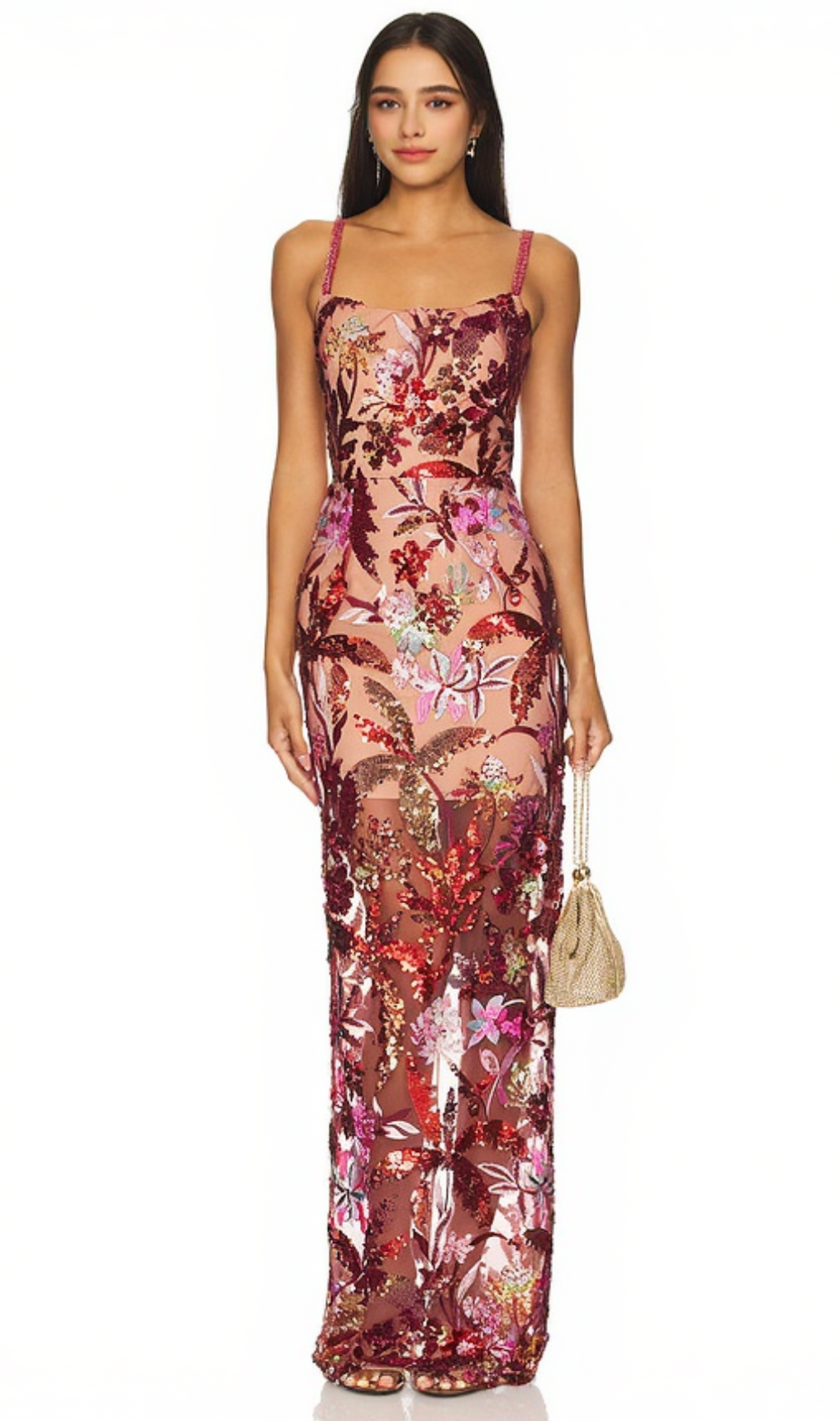 CHACHI ROTES TRÄGERLOSES MAXIKLEID MIT BLUMENSTICKEREI