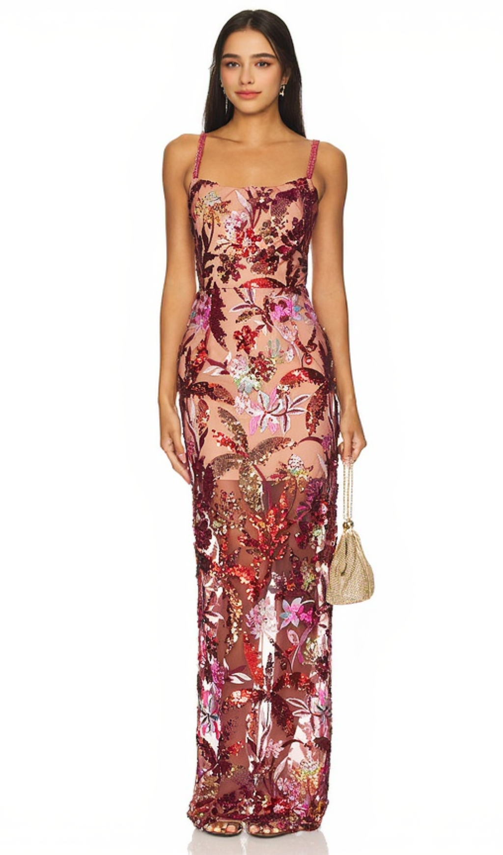 CHACHI RED STRAPLESS FLOWER EMBROIDERY MAXI DRESS