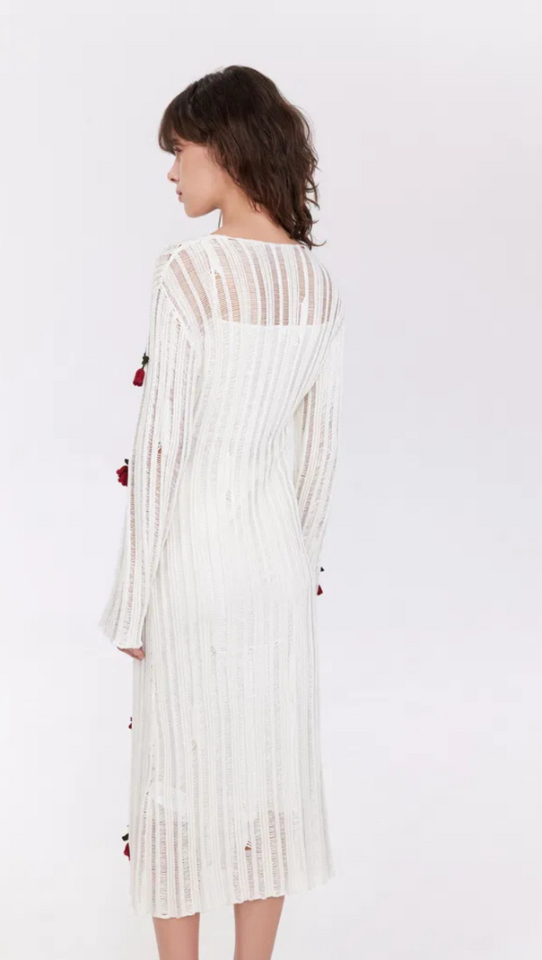AIIZIE HILARIA ROSE HANDCRAFTED KNIT MIDI DRESS IN WHITE - product image
