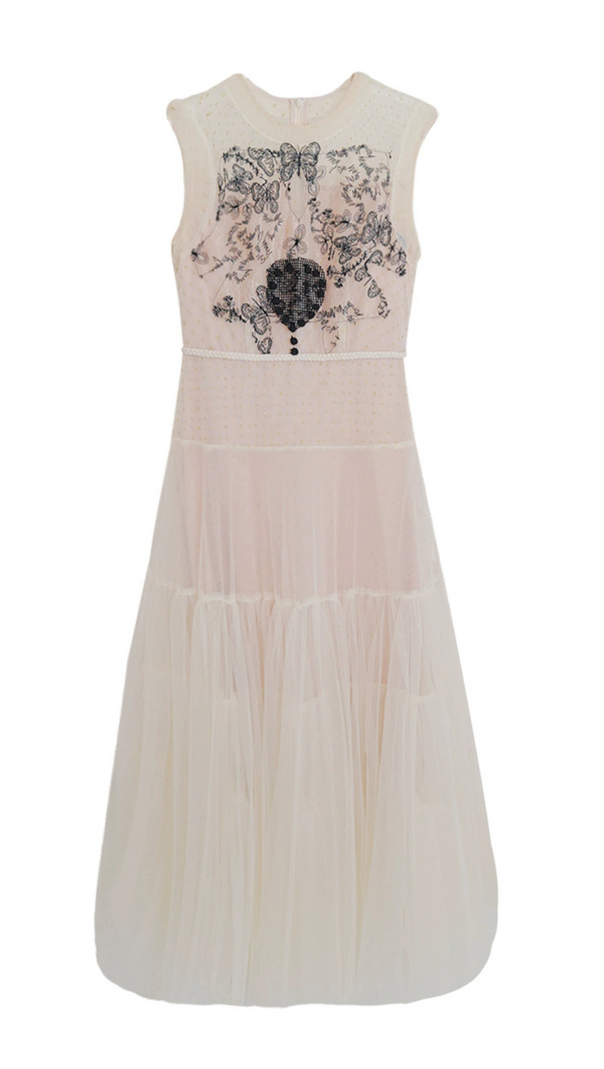 AIIZIE EMBROIDERY MESH MIDI DRESS IN PALE YELLOW - product image