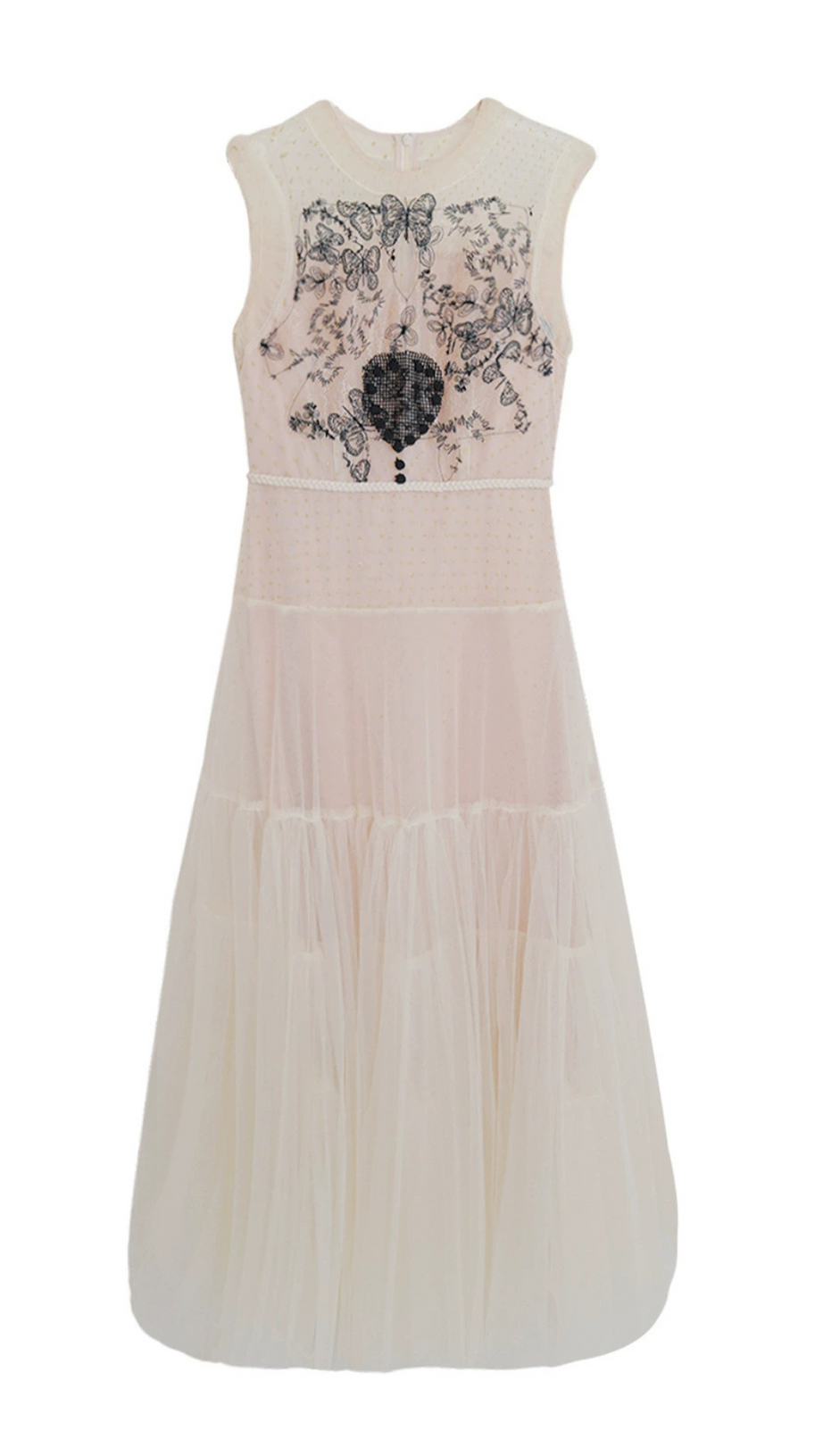 EMBROIDERY MESH MIDI DRESS IN PALE YELLOW