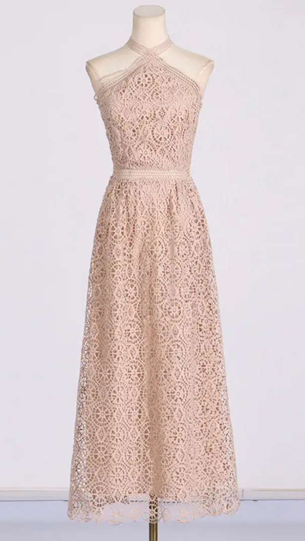 AIIZIE MACRAMÉ HALTERNECK COTTON-BLEND MIDI DRESS IN NUDE - product image