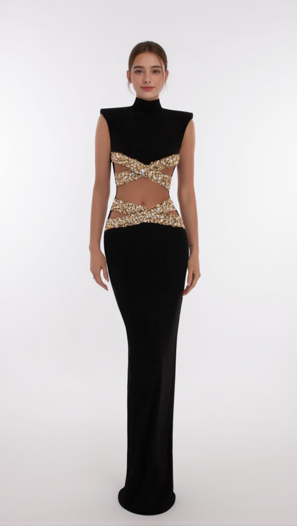 AIIZIE GOLD X BEADS EMBELLISHED BLACK MAXI DRESS - product image