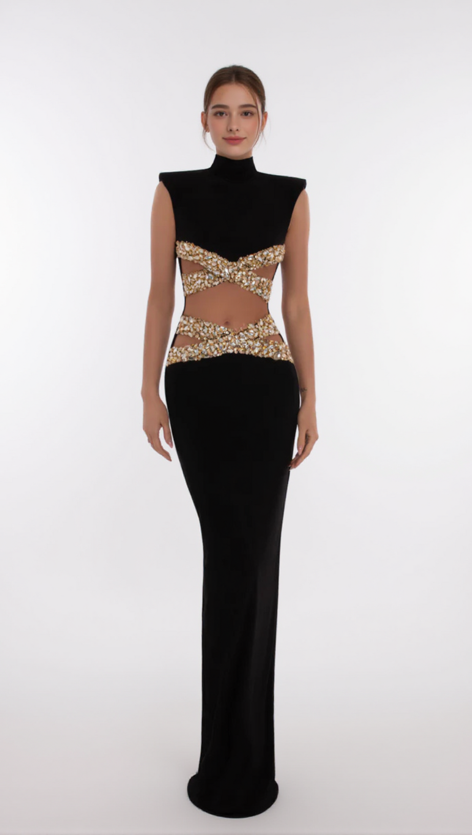 GOLD X BEADS EMBELLISHED BLACK MAXI DRESS