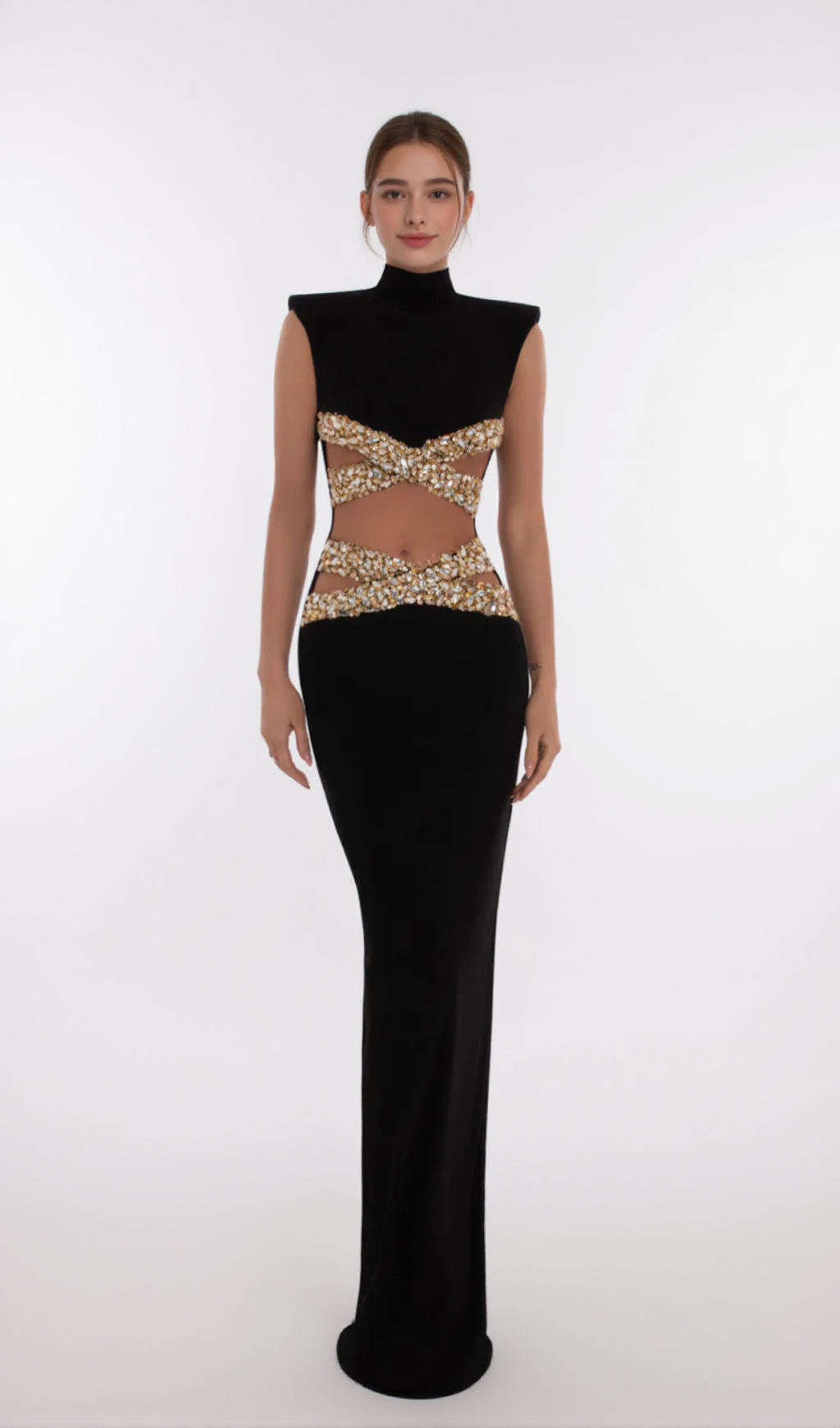 GOLD X BEADS EMBELLISHED BLACK MAXI DRESS