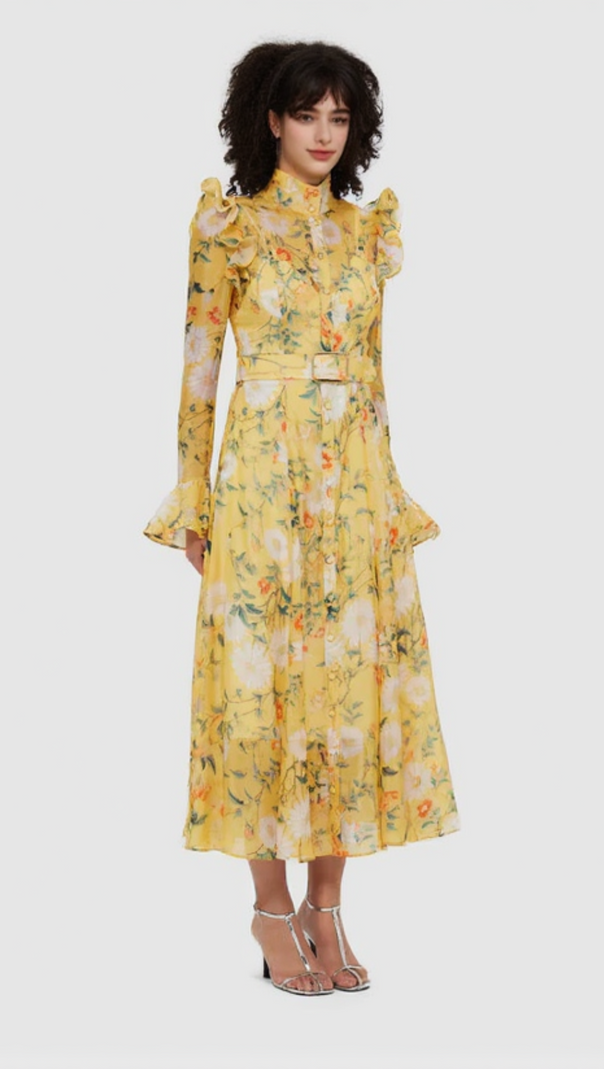 AIIZIE DAISY PRINT BUTTERFLY SLEEVE MIDI DRESS IN YELLOW - product image