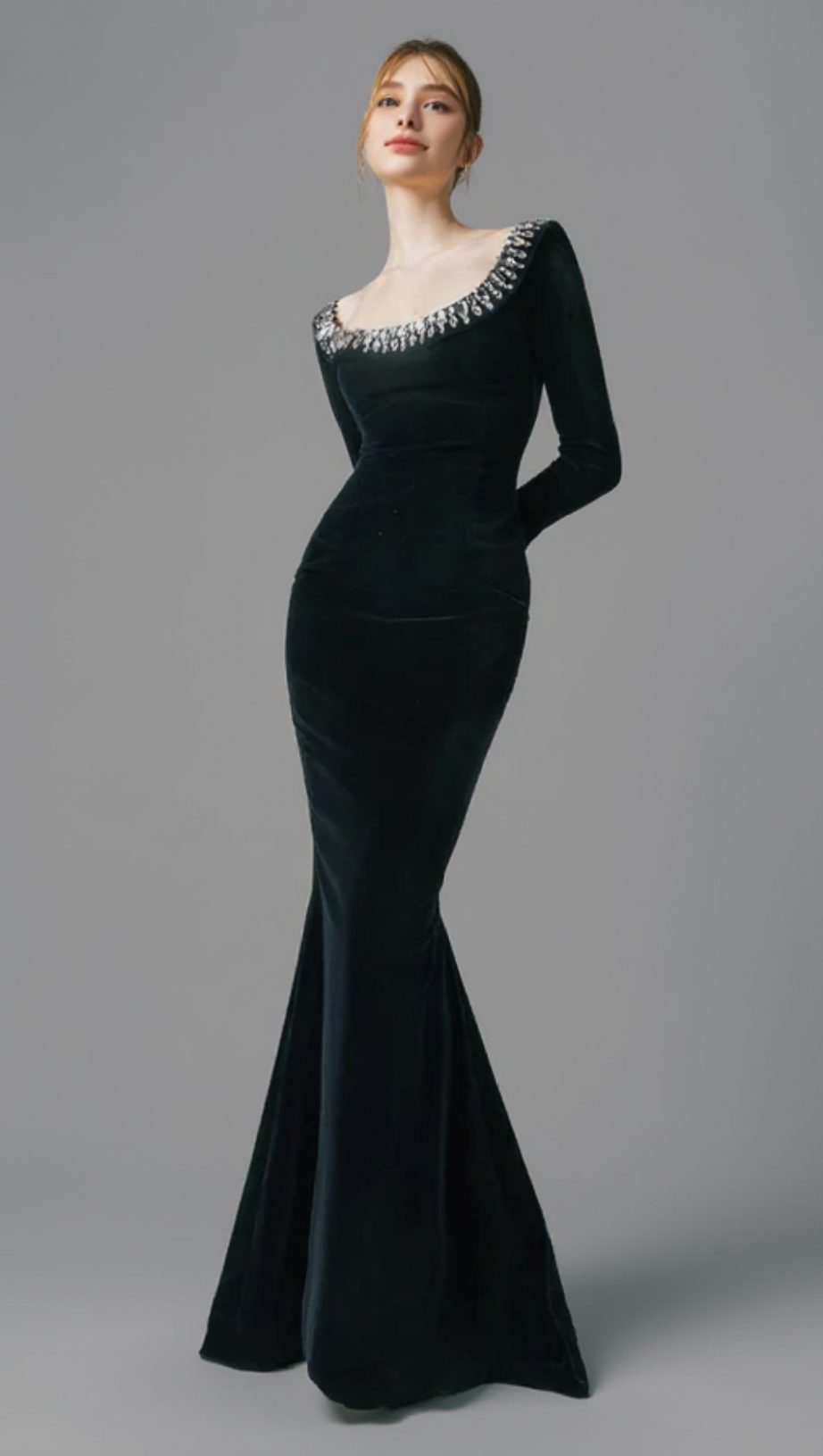 BLACK CREPE GOWN WITH CRYSTAL NECKLINE