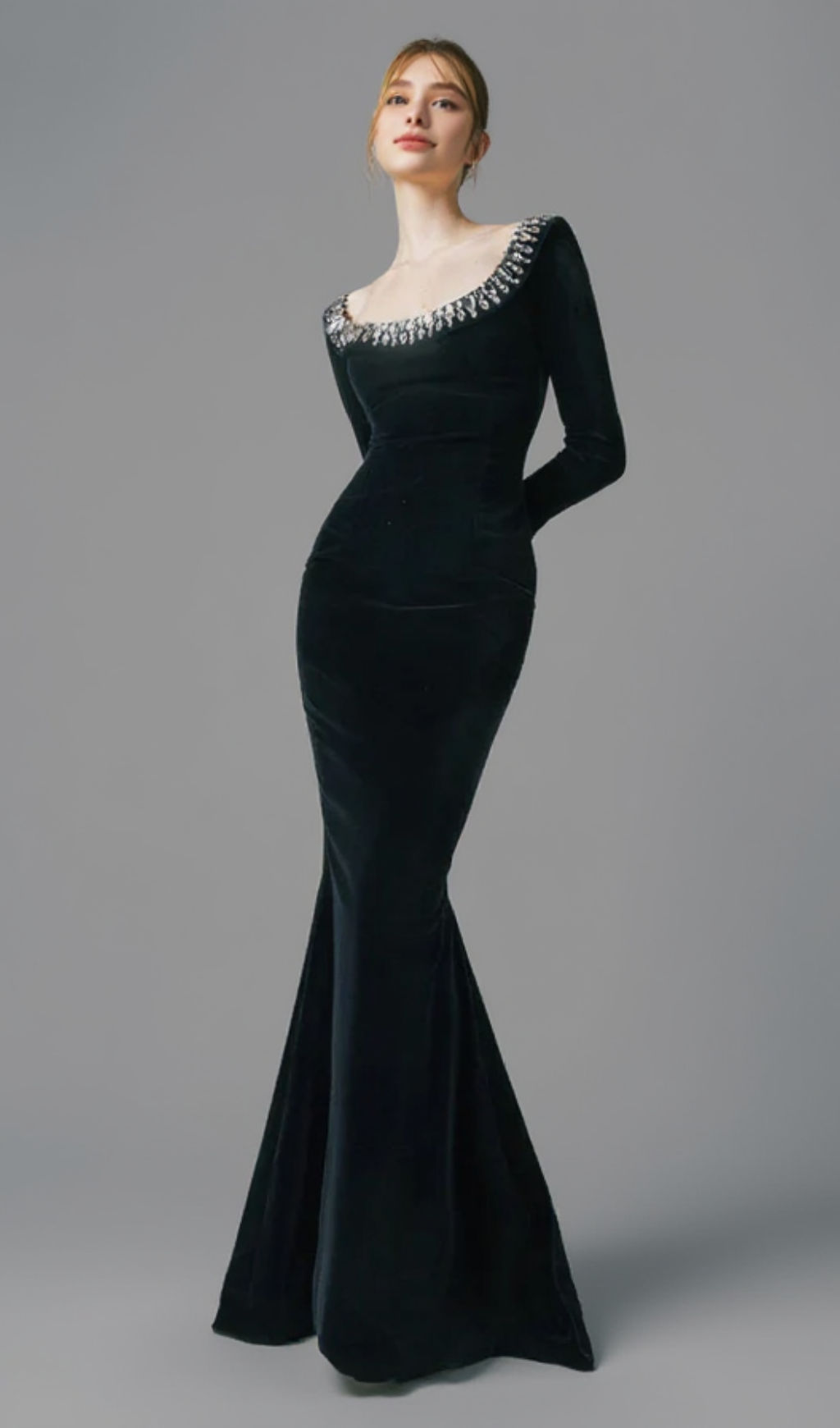 BLACK CREPE GOWN WITH CRYSTAL NECKLINE