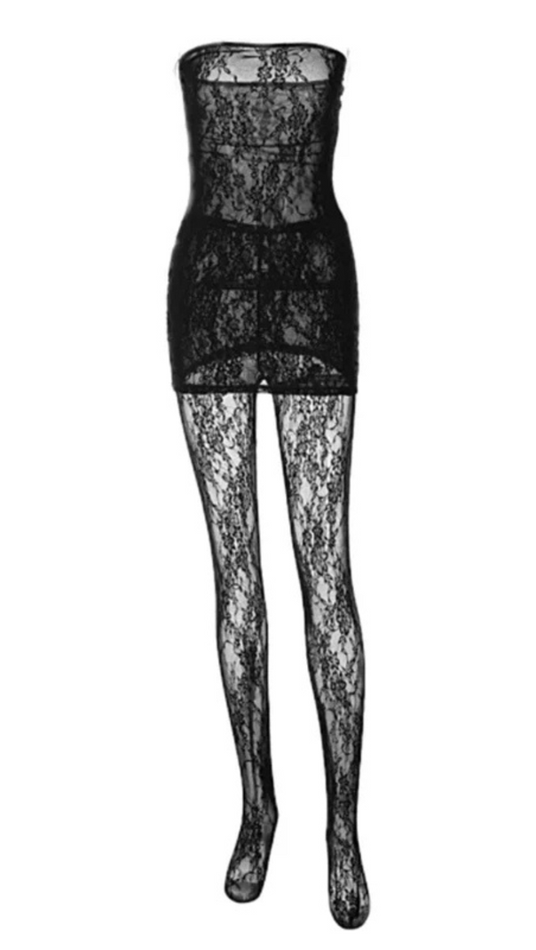 AIIZIE STRAPLESS LACE MINI JUMPSUIT IN BLACK - product image