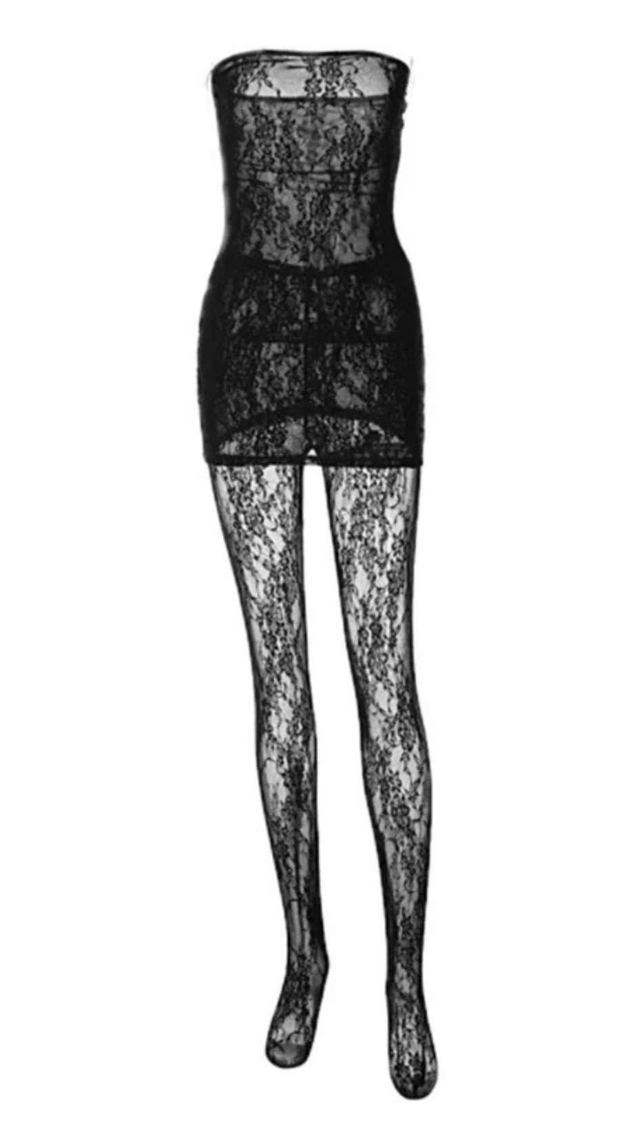 TRÄGERLOSER MINI-JUMPSUIT AUS SPITZE IN SCHWARZ