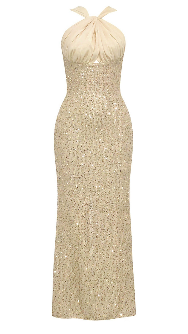 AIIZIE SEQUIN EMBELLISHED BACK SLIT HALTER MAXI DRESS - product image
