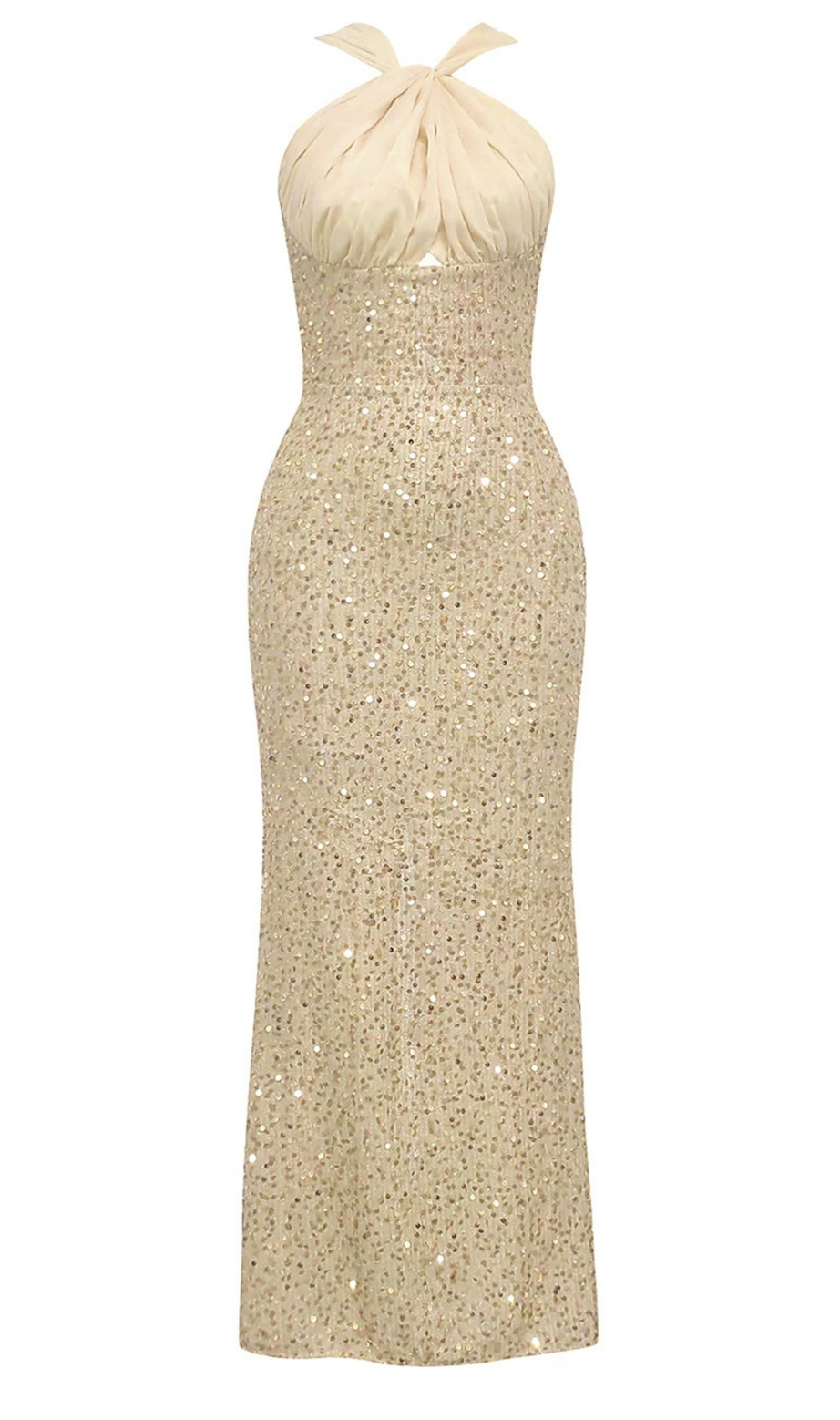 ABITO LUNGO CON SPACCO SUL SCHIENA E DECORATO CON PAILLETTES