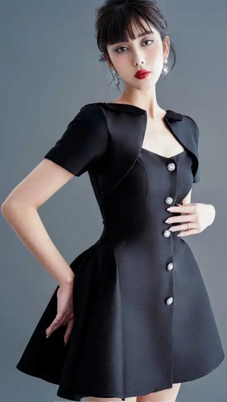 DIAMOND BUTTONED SATIN MINI DRESS IN BLACK