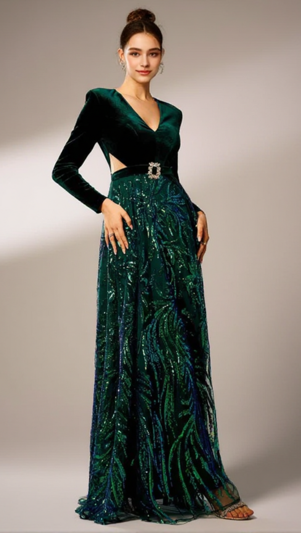 AIIZIE HIGH SLIT SEQUIN LONG SLEEVE MAXI DRESS IN GREEN - product image