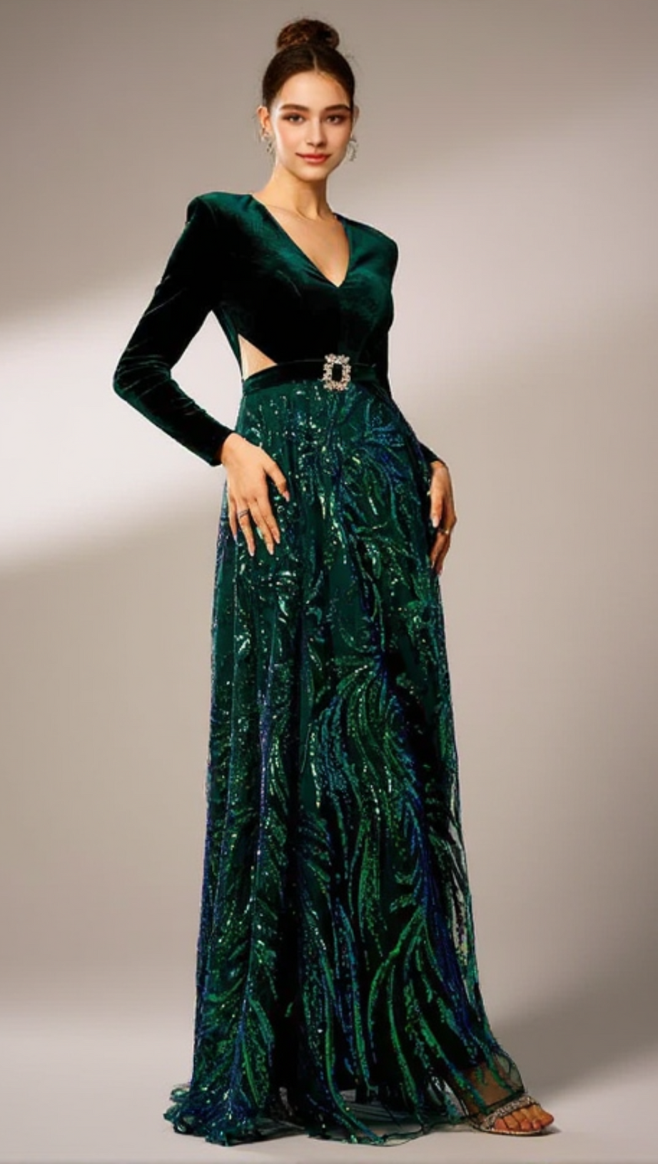 HIGH SLIT SEQUIN LONG SLEEVE MAXI DRESS IN GREEN
