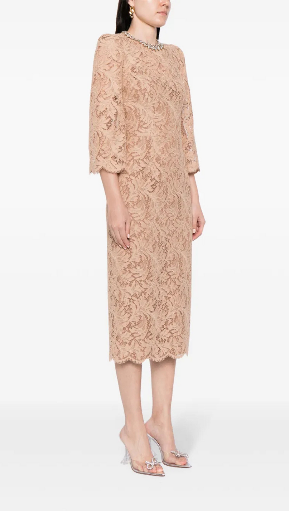 ACOTAS LACE CRYSTAL-EMBELLISHED MIDI DRESS IN NUDE