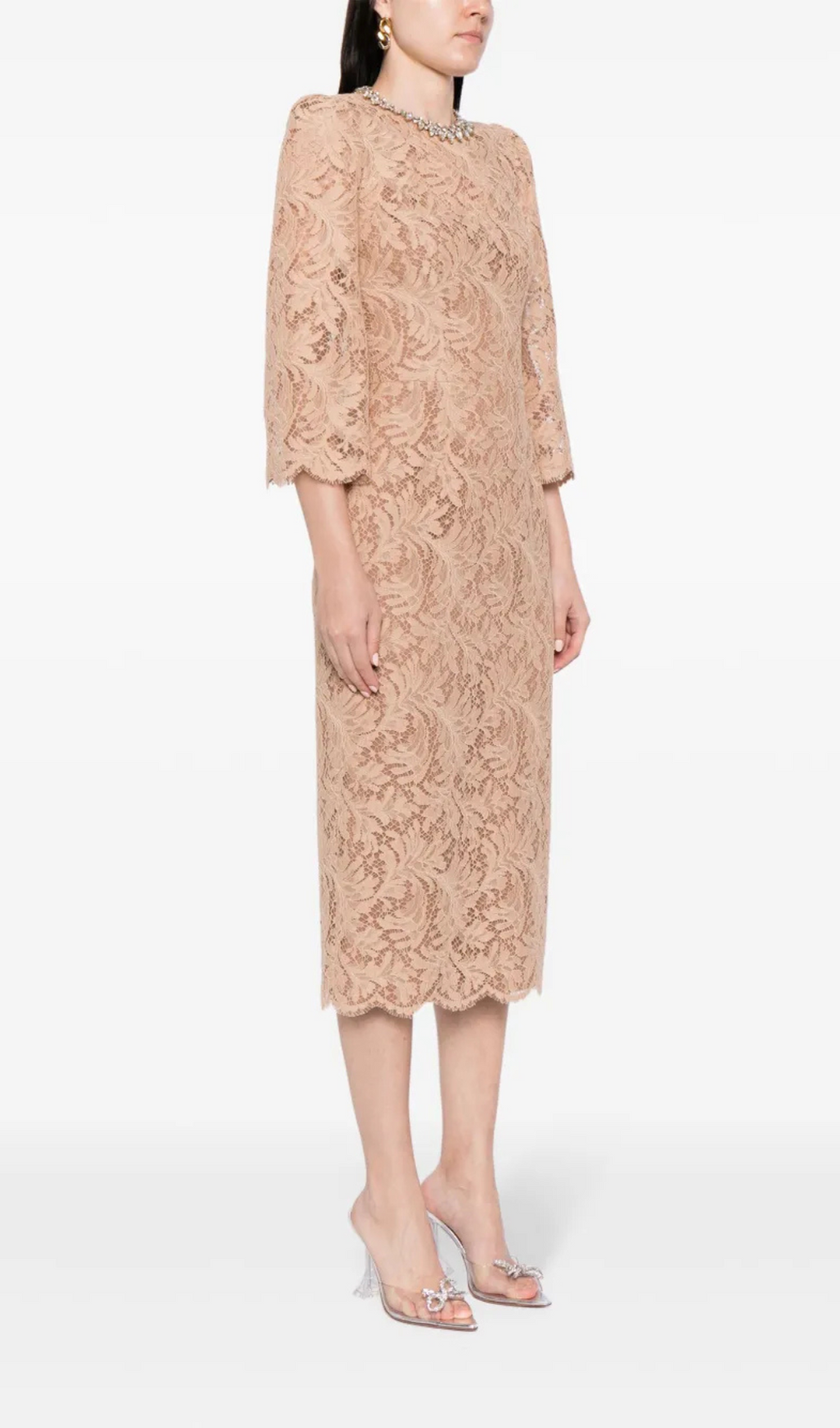 ACOTAS LACE CRYSTAL-EMBELLISHED MIDI DRESS IN NUDE