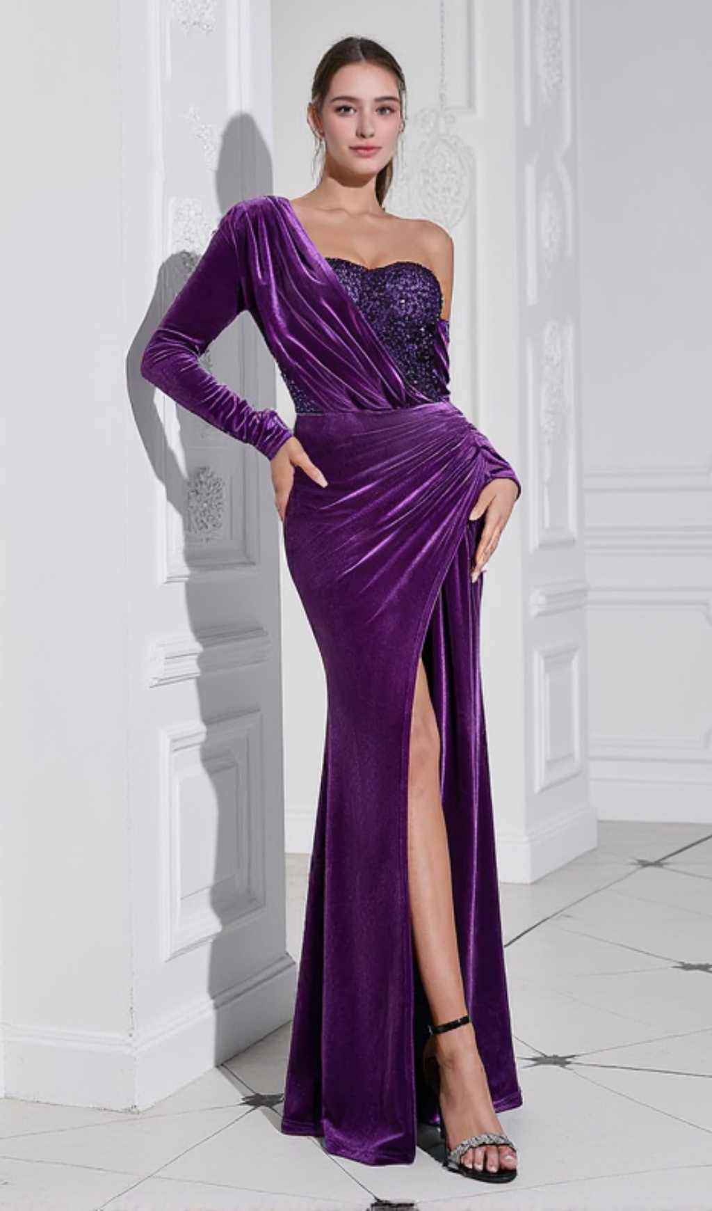 ONE SHOULDER SEQUIN-EMBELLISHED VELVET MAXI DRESS IN PURPLE