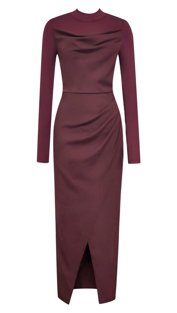 AIIZIE RUCHED SLIT MIDI DRESS IN BURGUNDY - product image