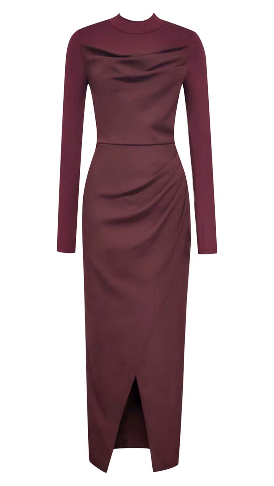 RUCHED SLIT MIDI DRESS IN BURGUNDY