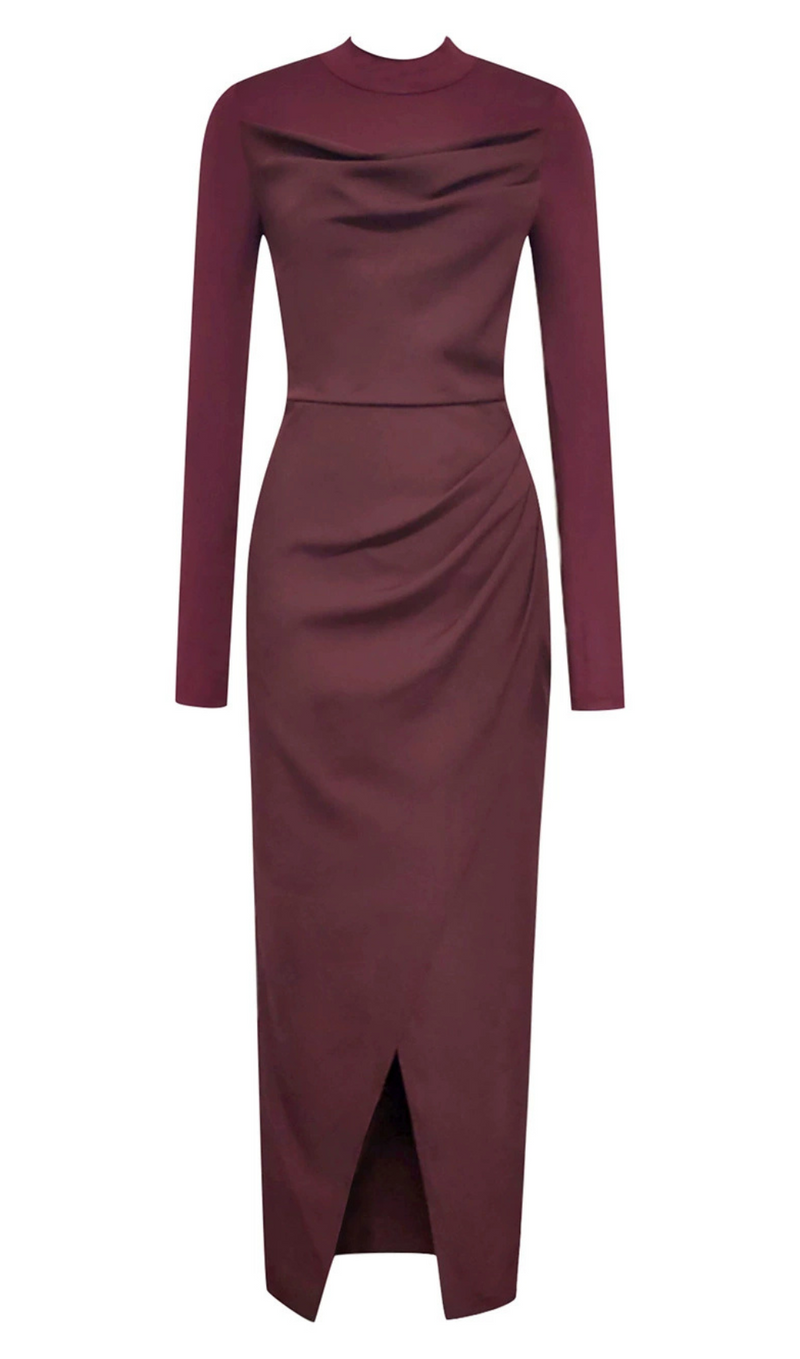 RUCHED SLIT MIDI DRESS IN BURGUNDY