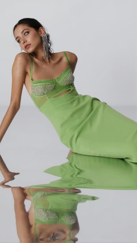GREEN BEADING BANDAGE MIDI DRESS