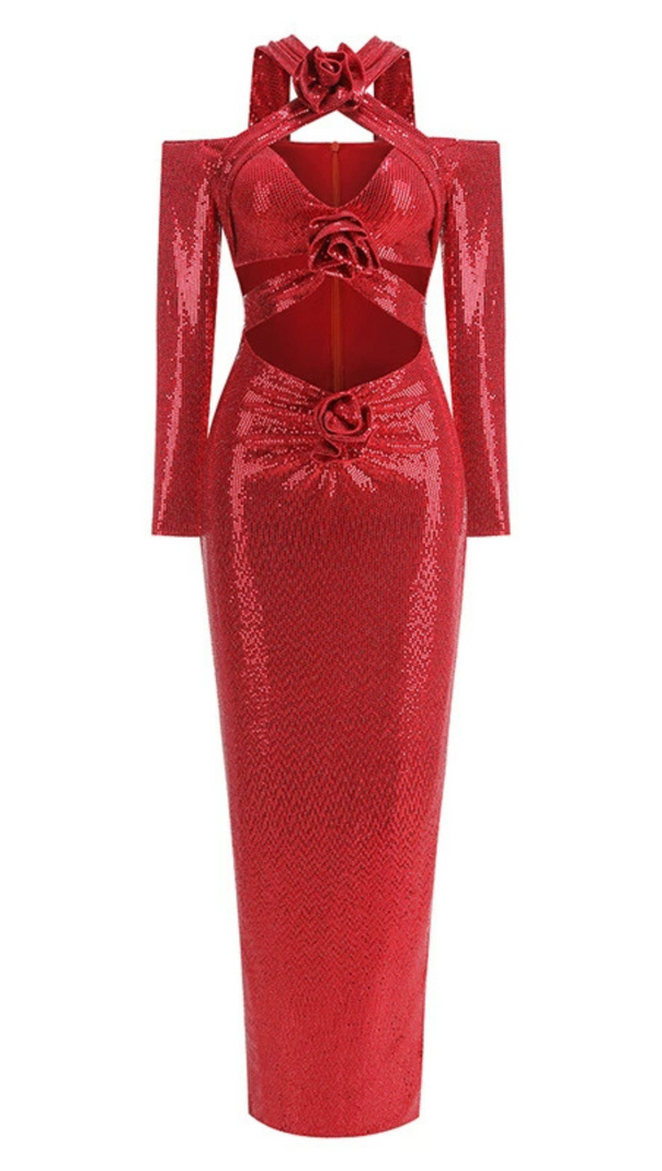 AIIZIE FLOWER EMBELLISHED CUTOUT SEQUIN MAXI DRESS IN RED - product image