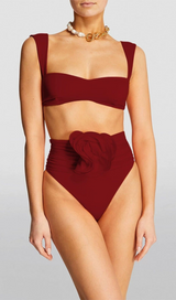 ROSE EMBELLISHED BIKINI SUIT IN BURGUNDY