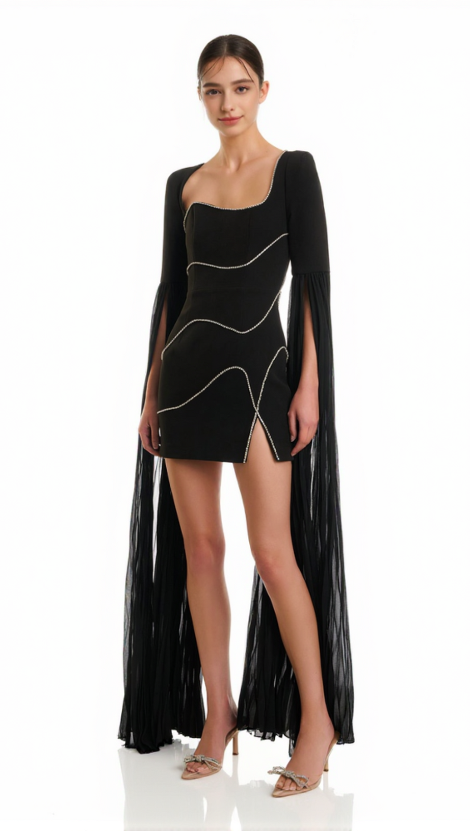 CRYSTAL-STRIPE BODYCON MINI DRESS IN BLACK