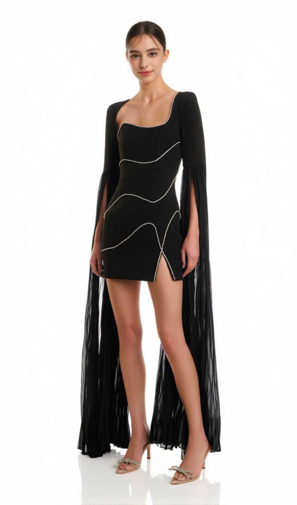 CRYSTAL-STRIPE BODYCON MINI DRESS IN BLACK