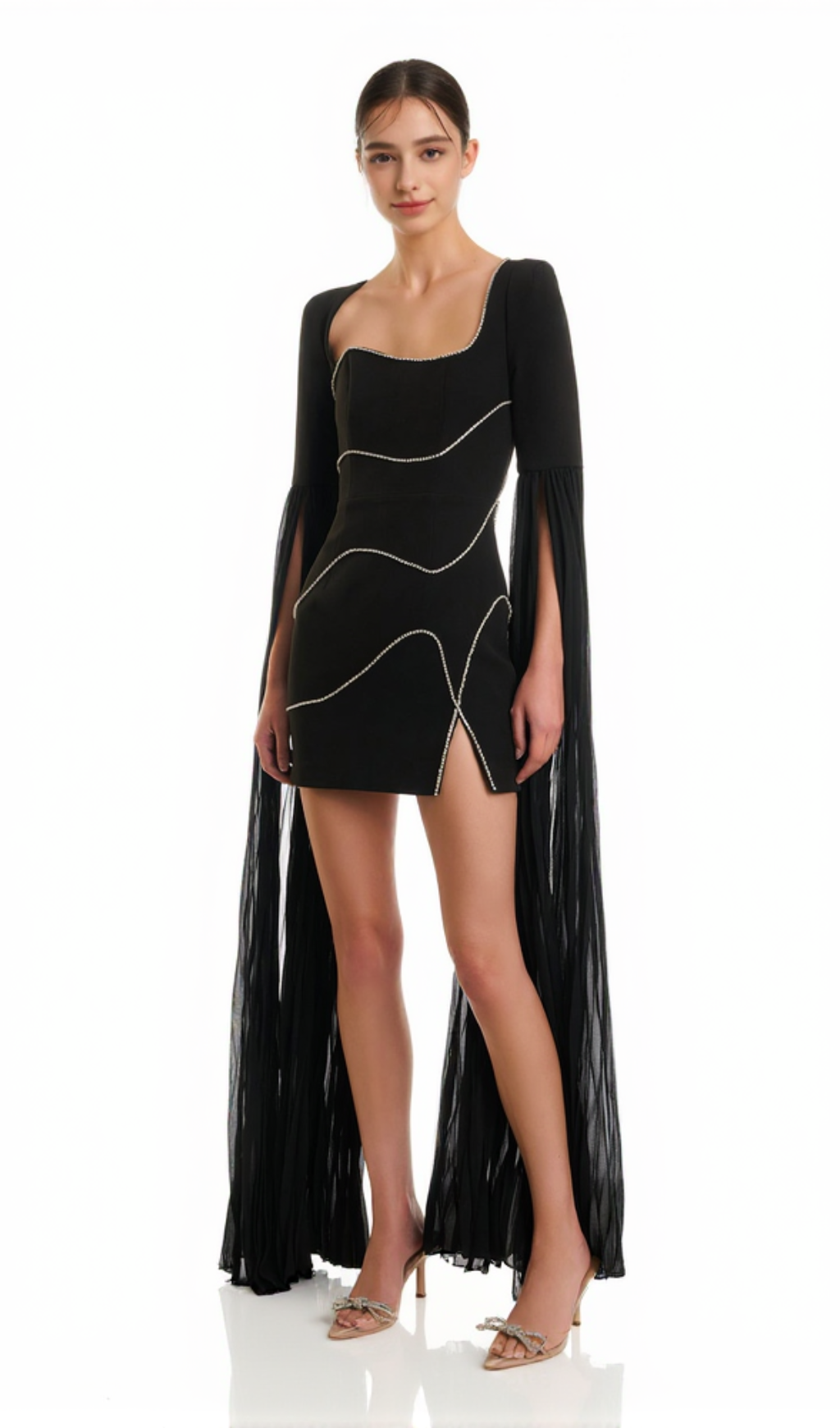 CRYSTAL-STRIPE BODYCON MINI DRESS IN BLACK