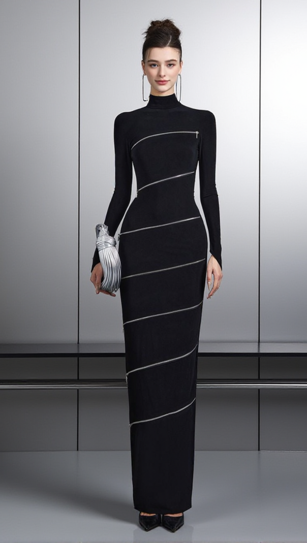 AIIZIE ALOYSIUS ZIPPER BODYCON MAXI DRESS IN BLACK - product image