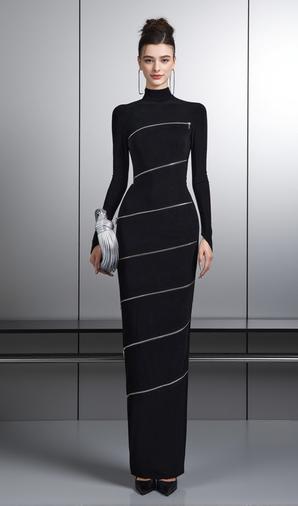 ALOYSIUS ZIPPER BODYCON MAXI DRESS IN BLACK