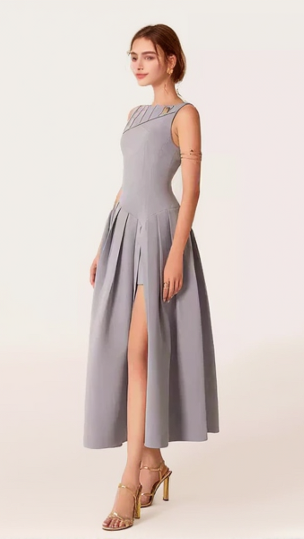 AIIZIE SLEEVELESS PLEATED SLIT MIDI DRESS IN GRAY - product image